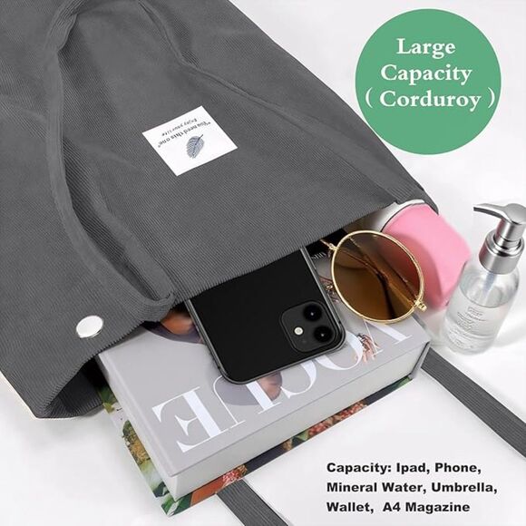 Women Dark Grey Imported Corduroy Small Canvas Shoulder Handy Tote Bag - Picture 2 of 4